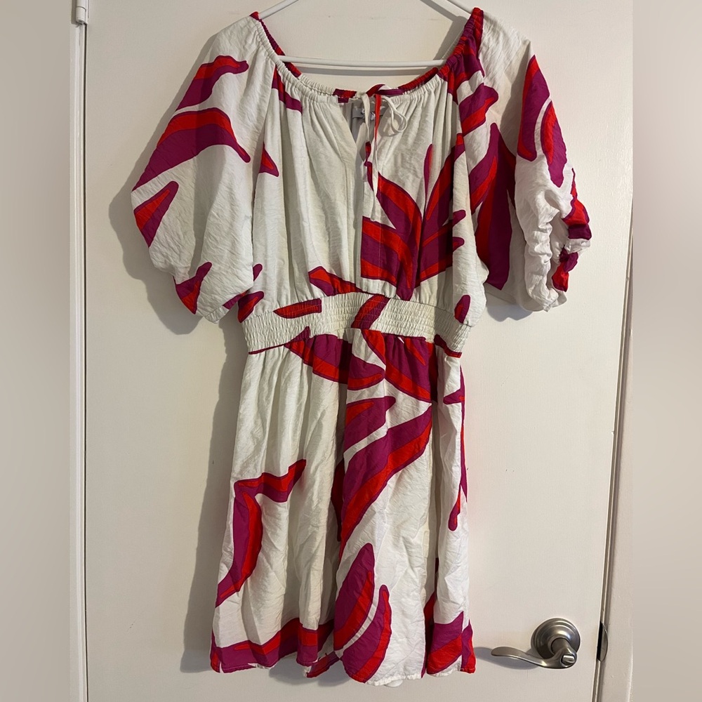 Nine West White Midi Dress with Pink & Red Abstract Print
